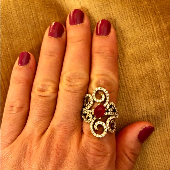 Silver & Bronze Ruby & Diamond Topaz Ring Size 8.5 - Picture 2 of 8